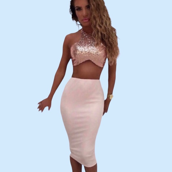 Dresses & Skirts - PINK DETAILED TWO PIECE SKIRT SET WITH SEQUINS